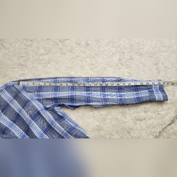 Bugatchi Julian Plaid Check Linen Shirt BS5276L4S Denim Blue Mens Sz Med - Picture 7 of 11